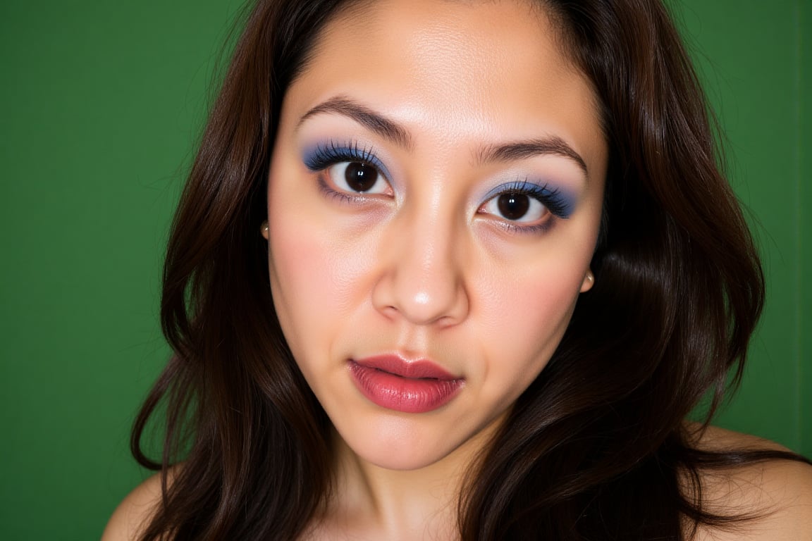 Close-up photograph of an Asian woman with long dark hair wearing vibrant blue eyeshadow thick black eyeliner and glossy r...