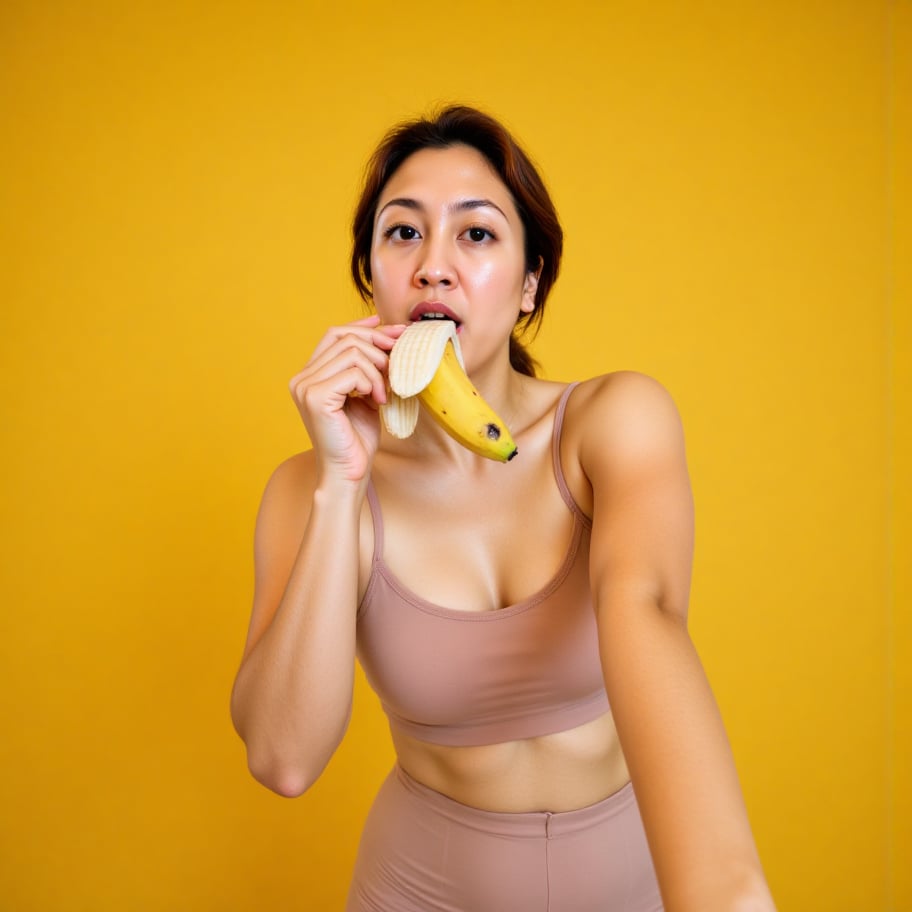 A photograph of an Asian woman holding a banana close to her mouth. She has a slender physique and is licking the banana....