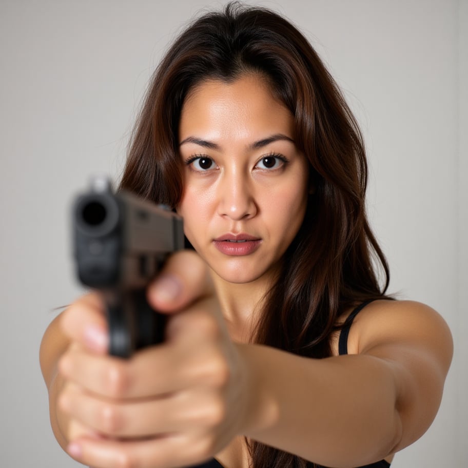 she is pointing a Glock model 24 at the viewer,  held in one hand,  taking aim by Zero-Moralezz on Tensor.Art