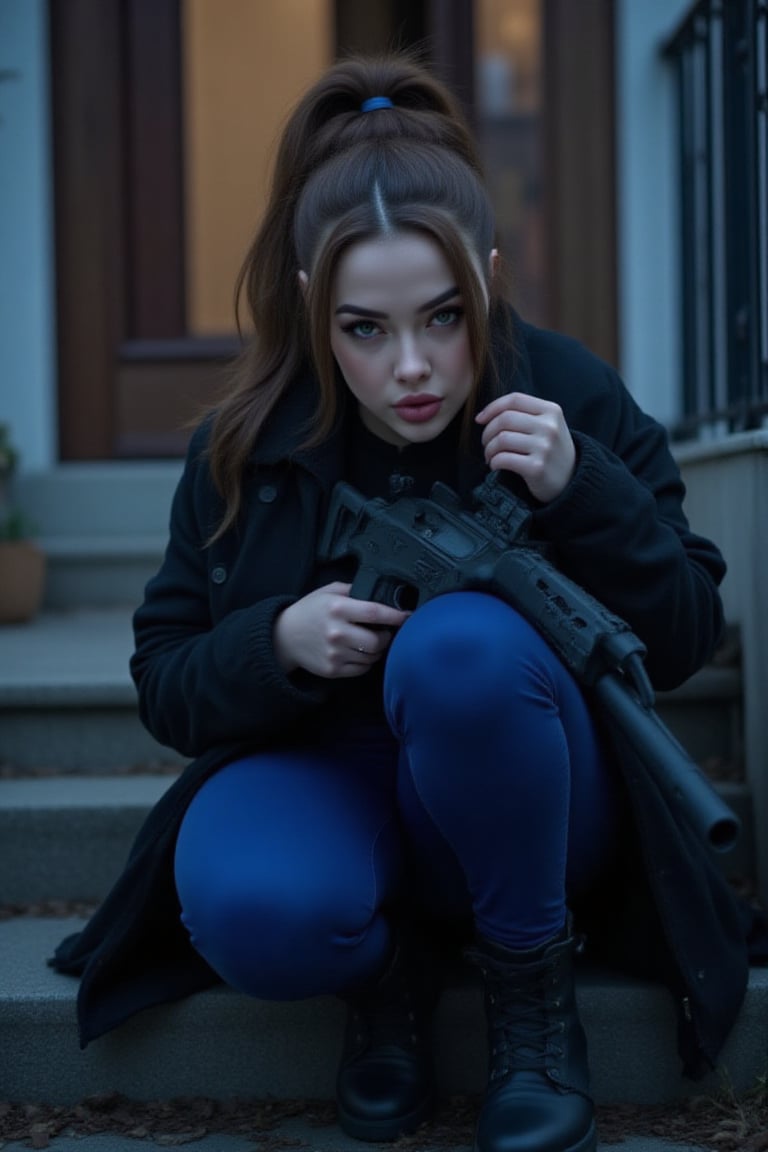 A young girl 12yo,  sits confidently,  She holds a shutgun firmly in hands Protect the front of her home. long brown hair...