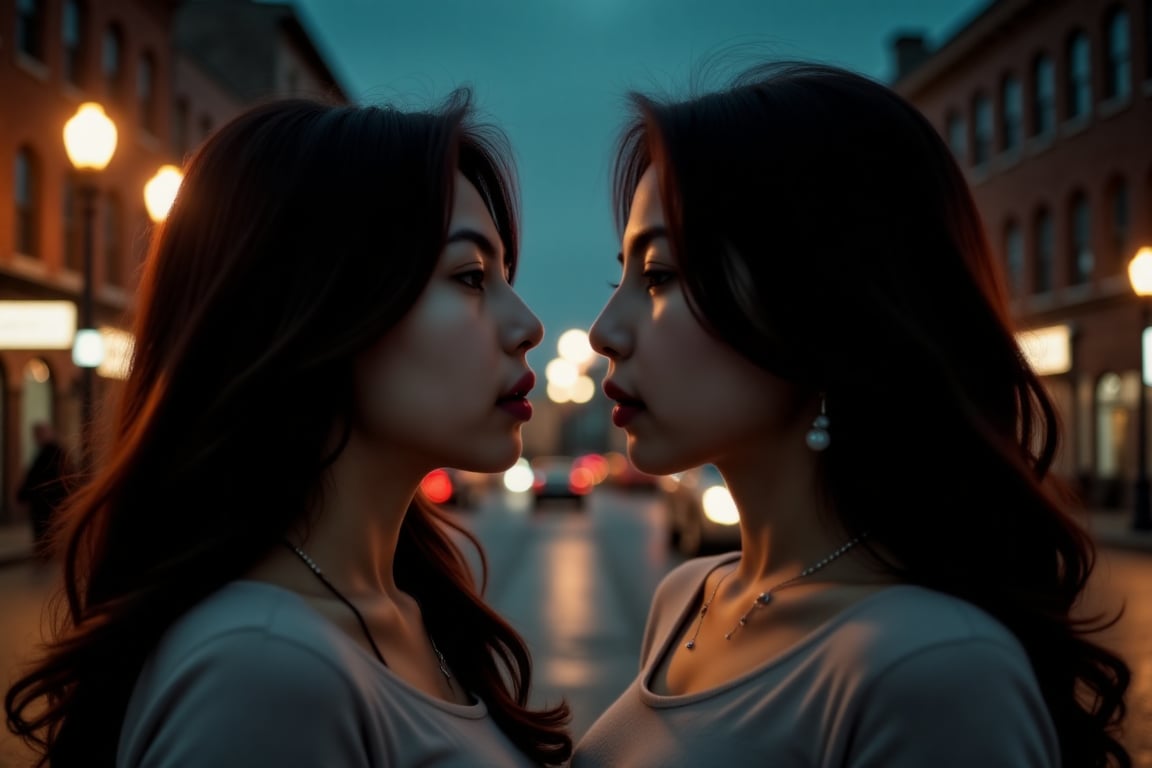 Create a romantic film scene where two women face each other,  their eyes locked in a tender gaze. The lighting is a blend...