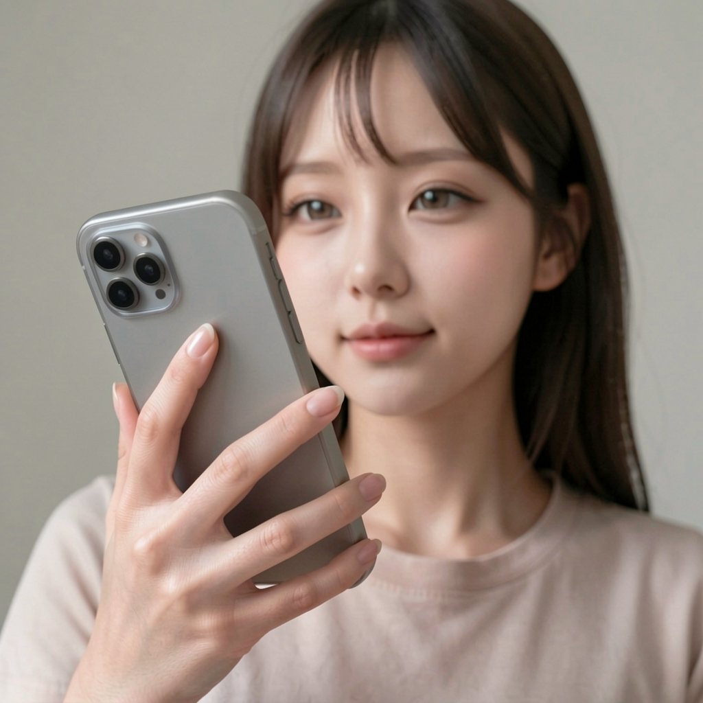 cleanhands_lora,  realistic portrait of a young adult woman holding a smartphone in one hand,  thumb visible by FuturEvoLa...
