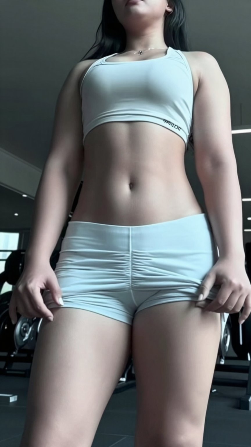 Young East Asian fitness model,  pale porcelain skin with visible pores and realistic body texture,  muscular feminine bod...