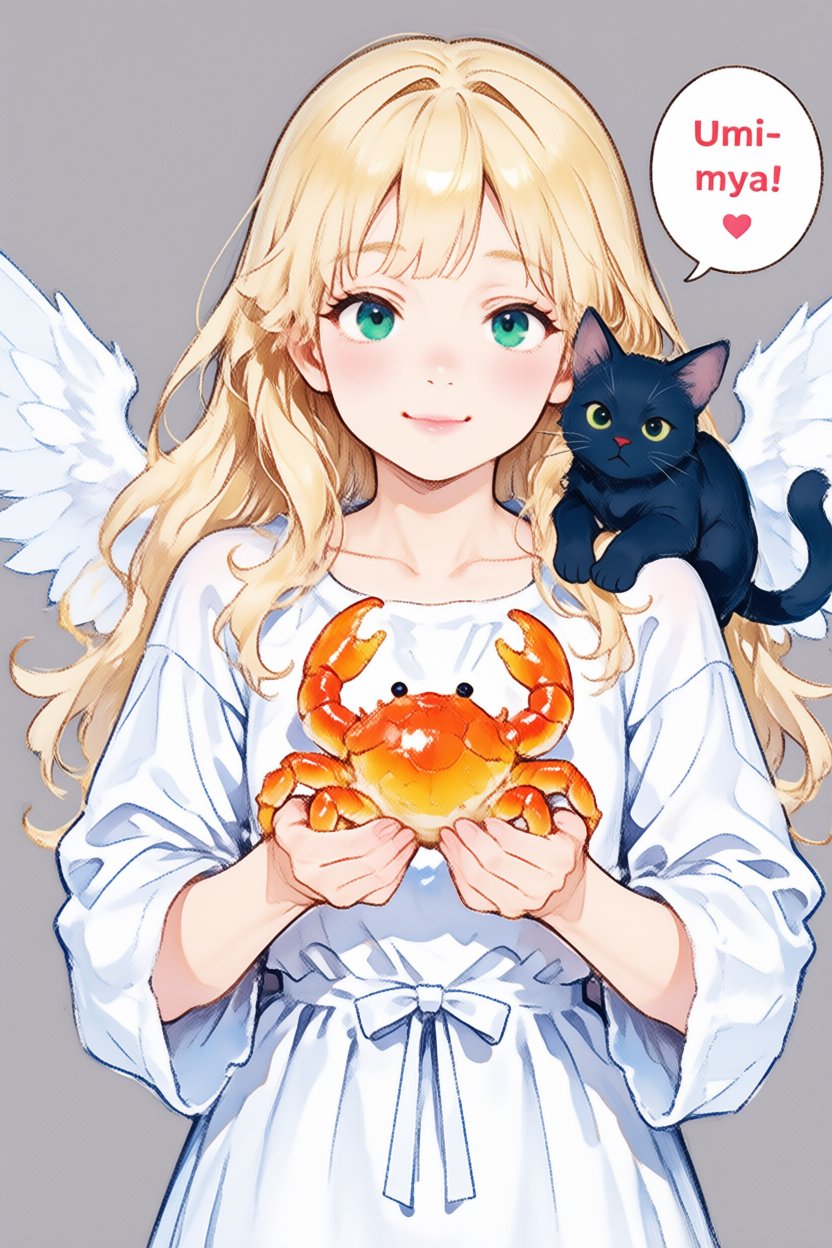 A gentle angelic girl holding a bright orange crab in both hands. She has long fluffy blonde hair,  green eyes,  a soft sm...