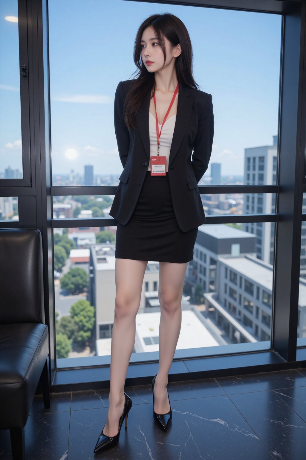 A long black wavy-haired woman with her hands behind her back,  looking to the side,  one foot slightly forward. She is dr...