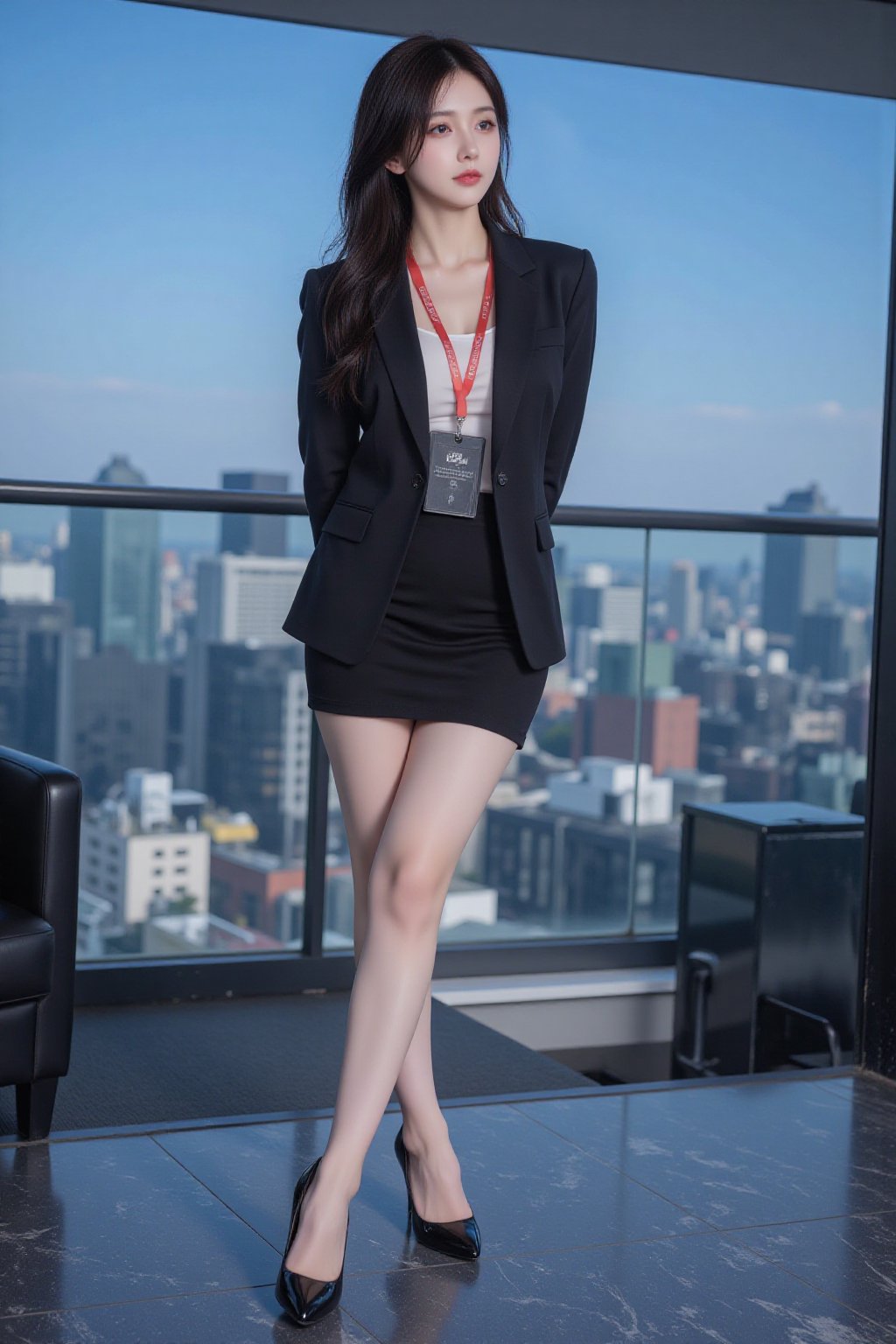 A long black wavy-haired woman with her hands behind her back,  looking to the side,  one foot slightly forward. She is dr...