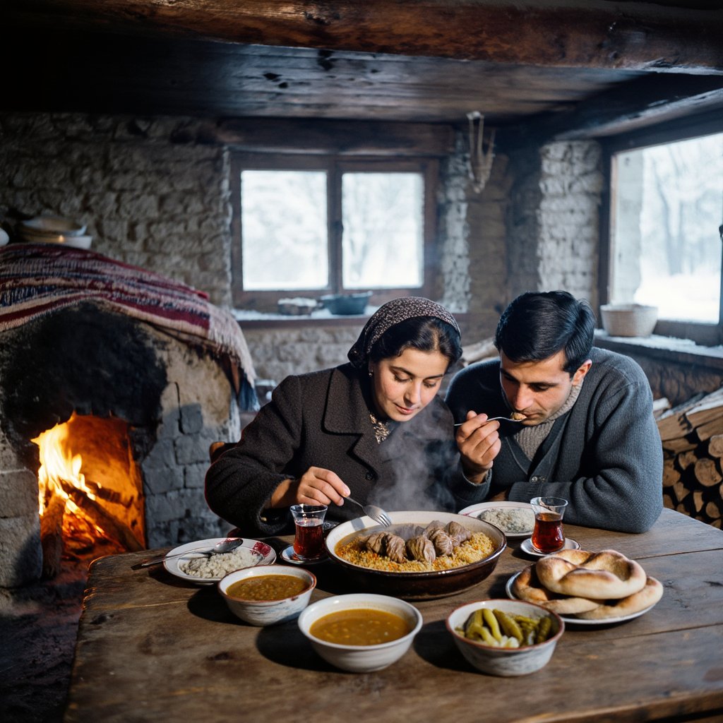 A highly cinematic photorealistic documentary-style scene inside the same rural Anatolian farmhouse during winter in the 1...