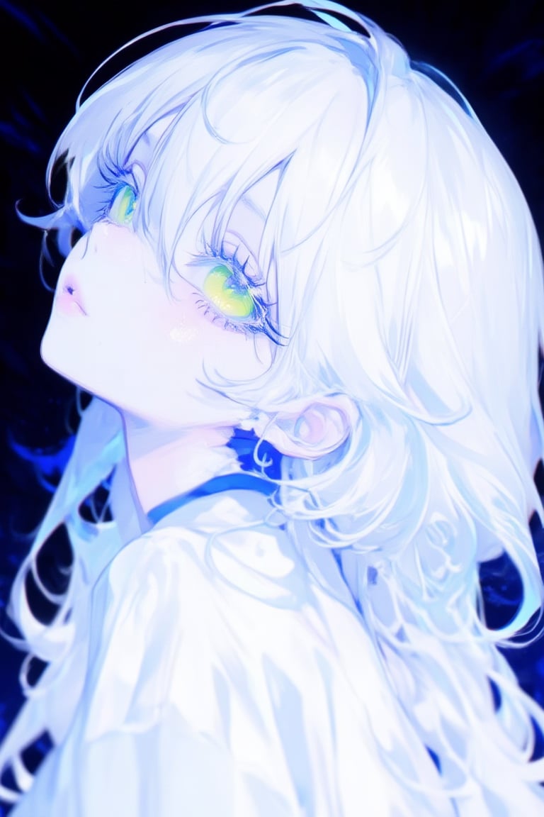 a with a captivating gaze her white hair cascading down her back in a voluminous wavy style is adorned with intricate blue...