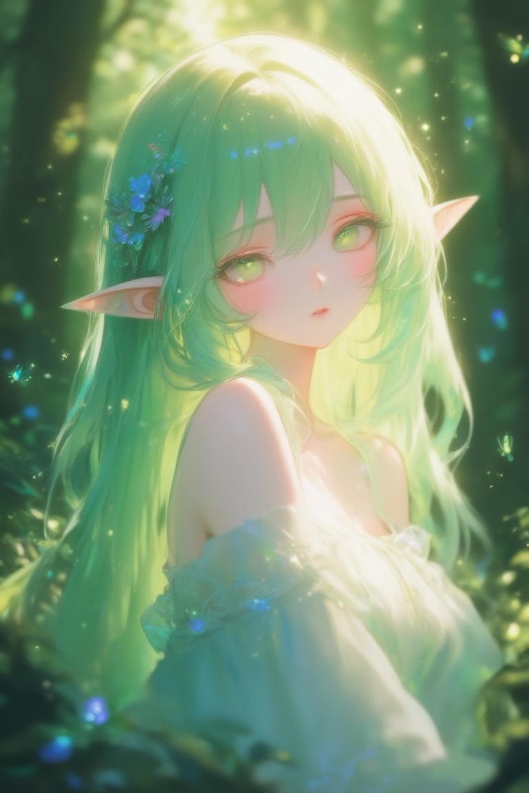 森林精灵少女,  翡翠色长发微卷,  浓密睫毛 by 五哈柏 on Tensor.Art