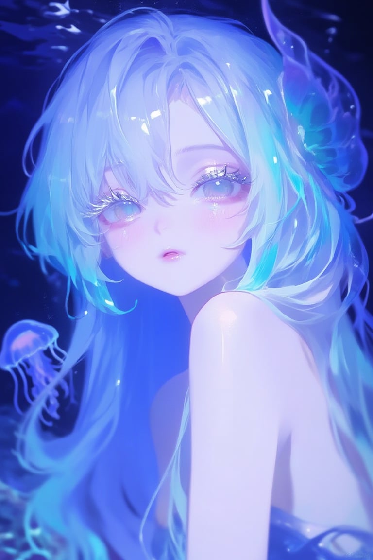 深海人鱼少女,  流金海蓝色波浪长发,  浓密银色睫毛 by 五哈柏 on Tensor.Art