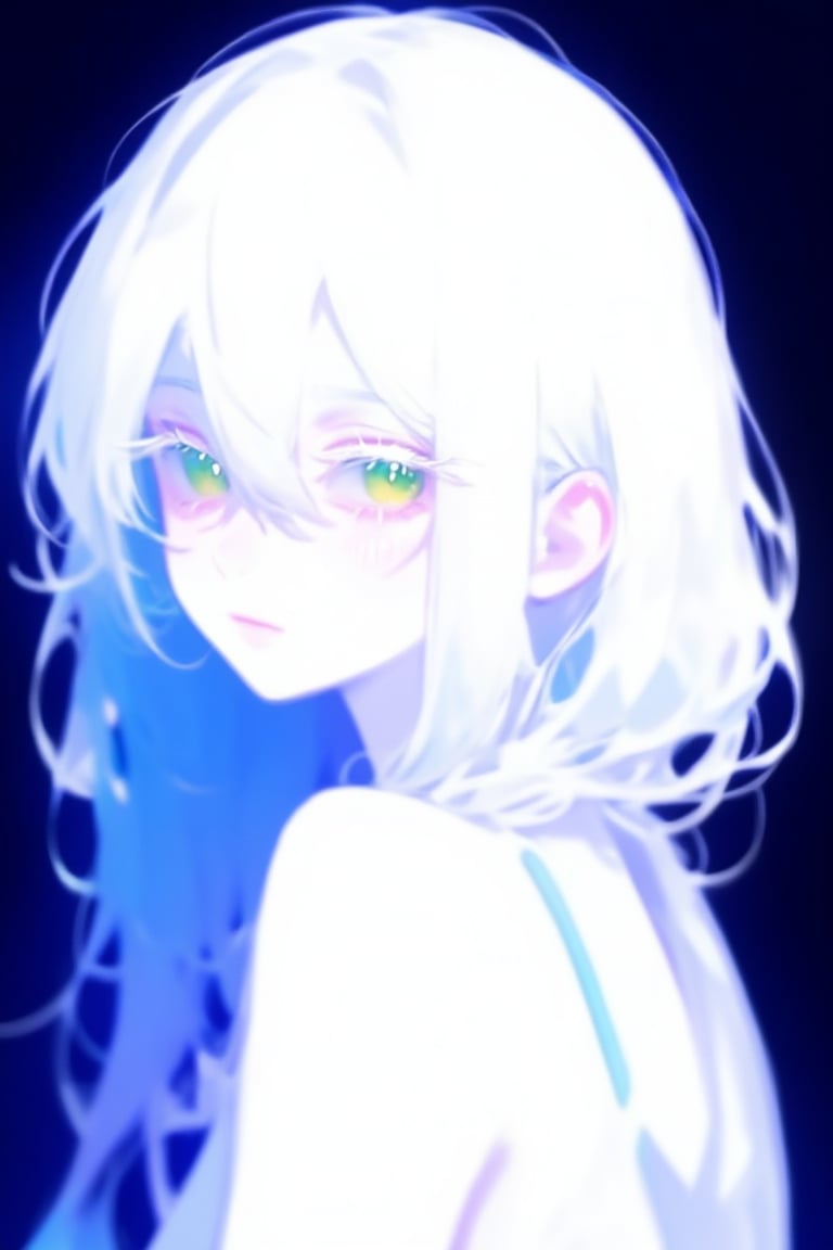 a with a captivating gaze her white hair cascading down her back in a voluminous wavy style is adorned with intricate blue...