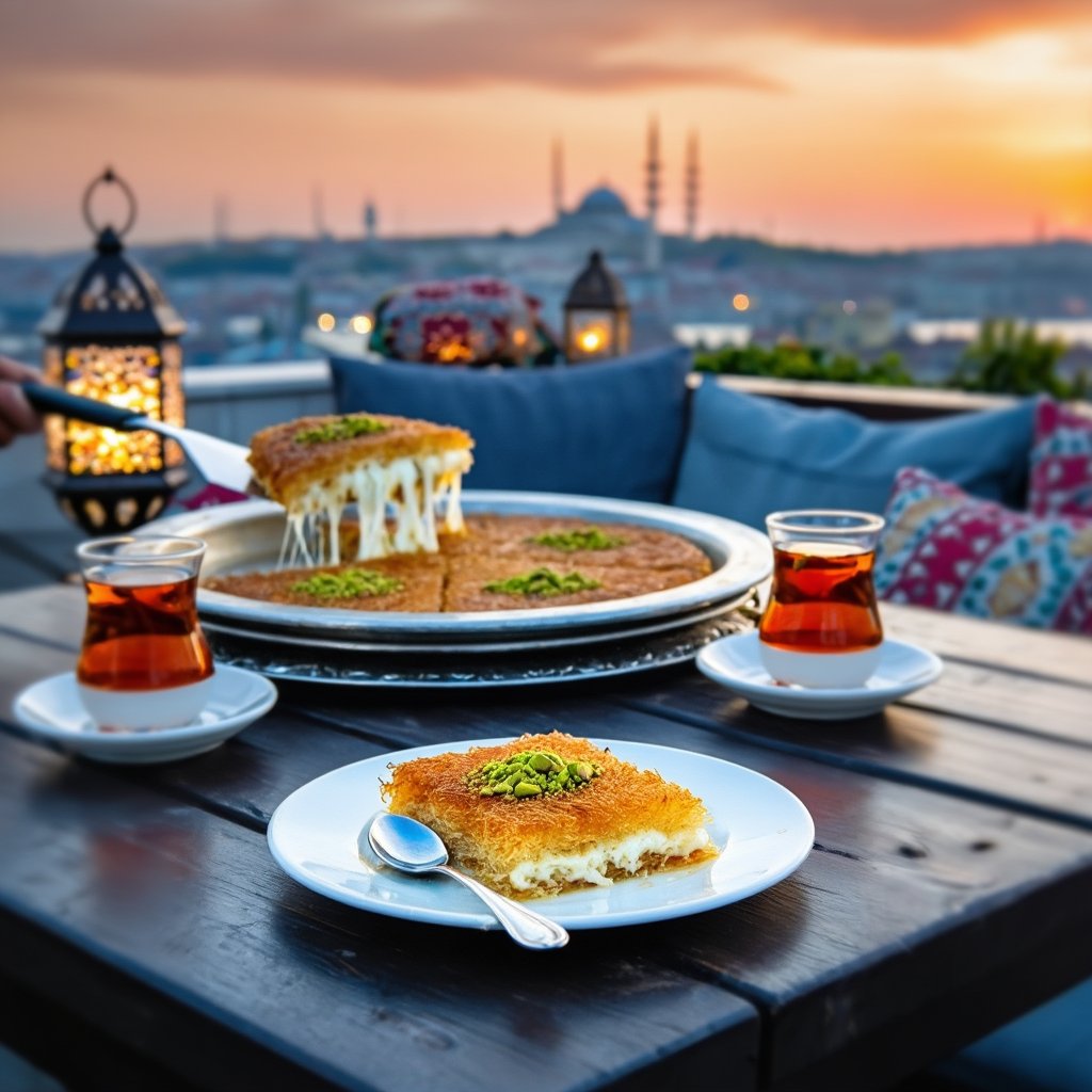 Ultra-realistic food photography of kataifi (Künefe),  a traditional Turkish dessert made from shredded phyllo dough and m...