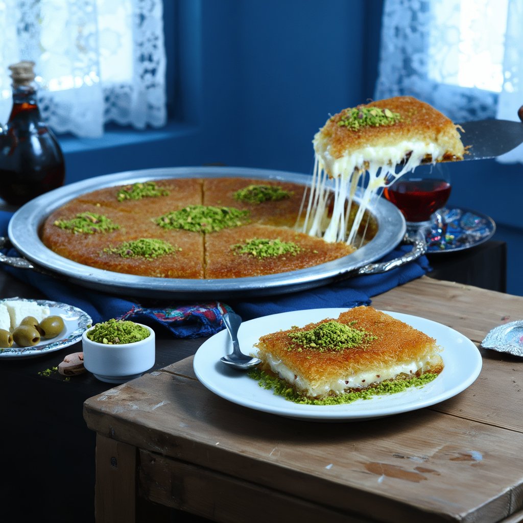 Ultra-realistic food photography of kataifi (Künefe),  a traditional Turkish dessert made from shredded phyllo dough and m...