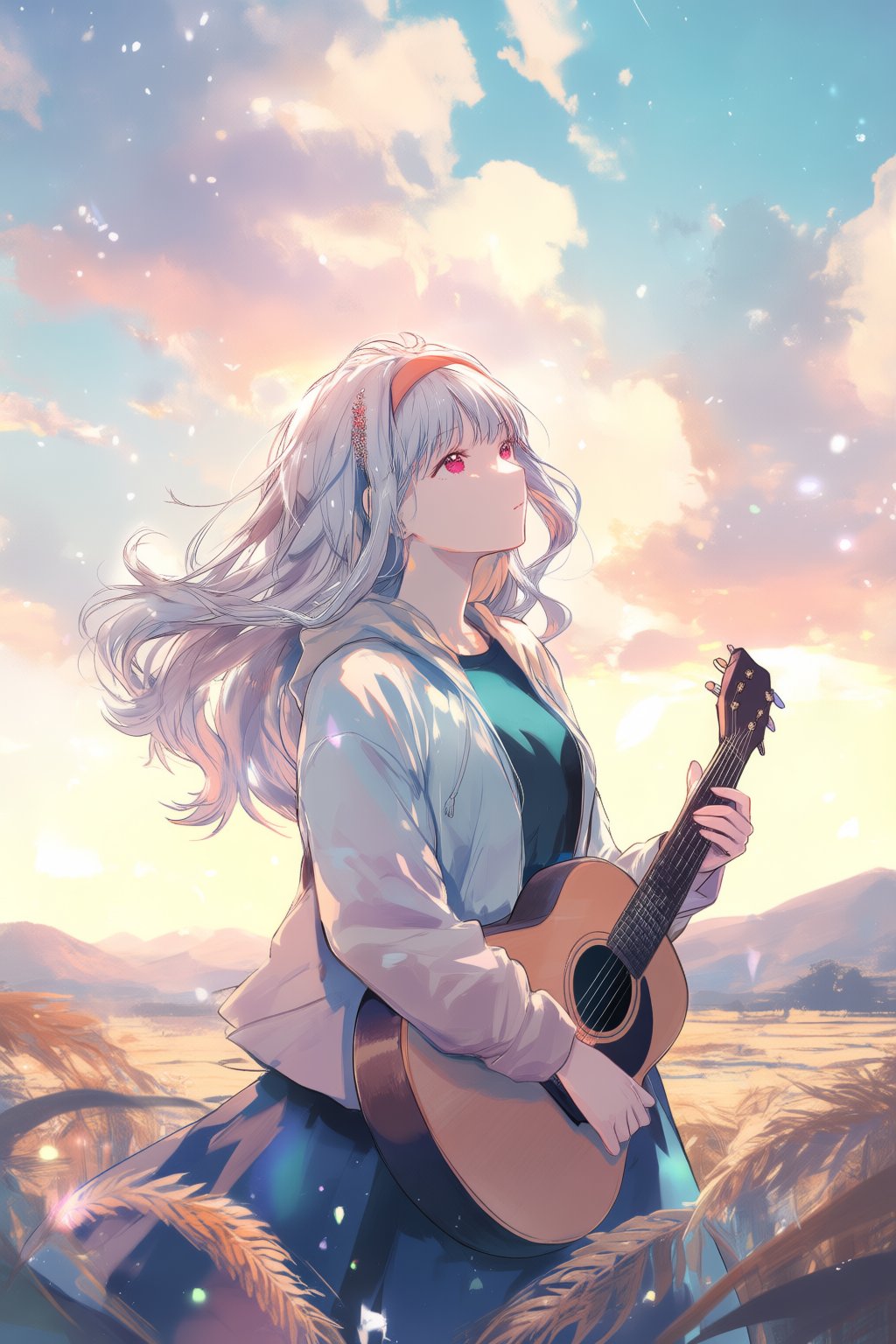Soft digital anime-style illustration of a young person with short blonde hair standing in a golden wheat field at sunset...