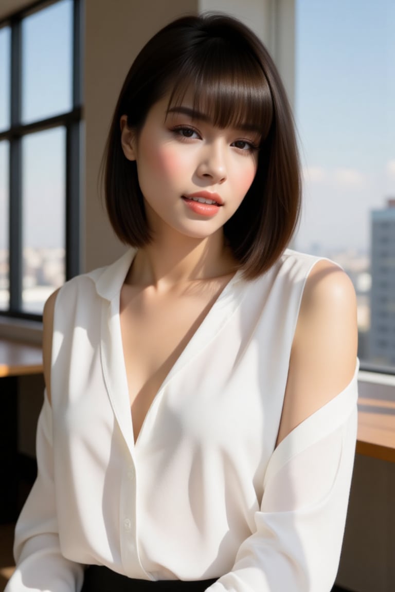 attractive office secretary,  sleeveless white blouse,  sleek hairstyle by MOLDANMR on Tensor.Art