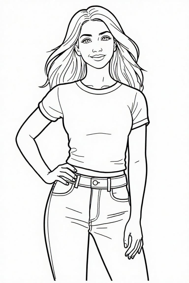 The image depicts a clean,  coloring book–style line illustration of a young woman with long,  flowing hair. She is wearin...