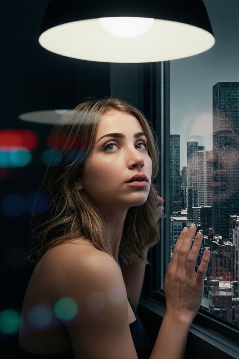 Award-winning color photo of a beautiful girl,  up close to a reflective window,  looking out at a beautiful cityscape whi...