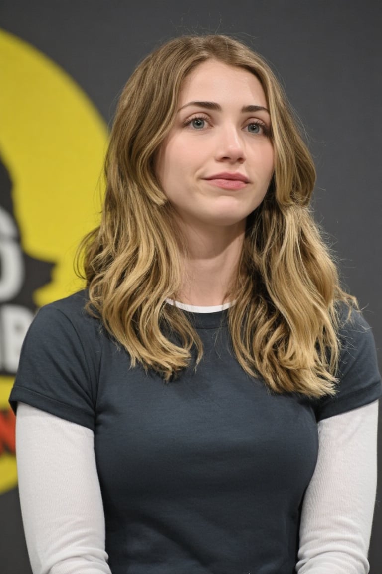 The woman in the image has shoulder-length,  light brown hair styled in loose waves. She wears a dark gray t-shirt layered...