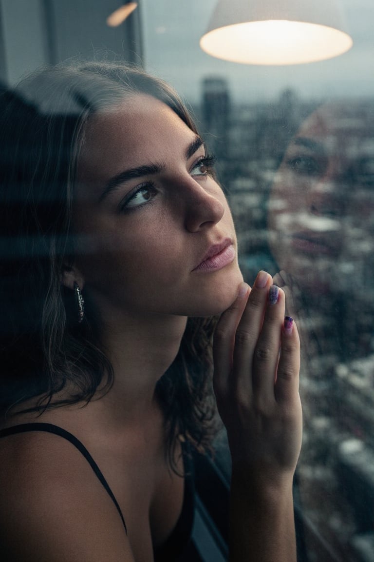 Award-winning color photo of a beautiful girl,  up close to a reflective window,  looking out at a beautiful cityscape whi...