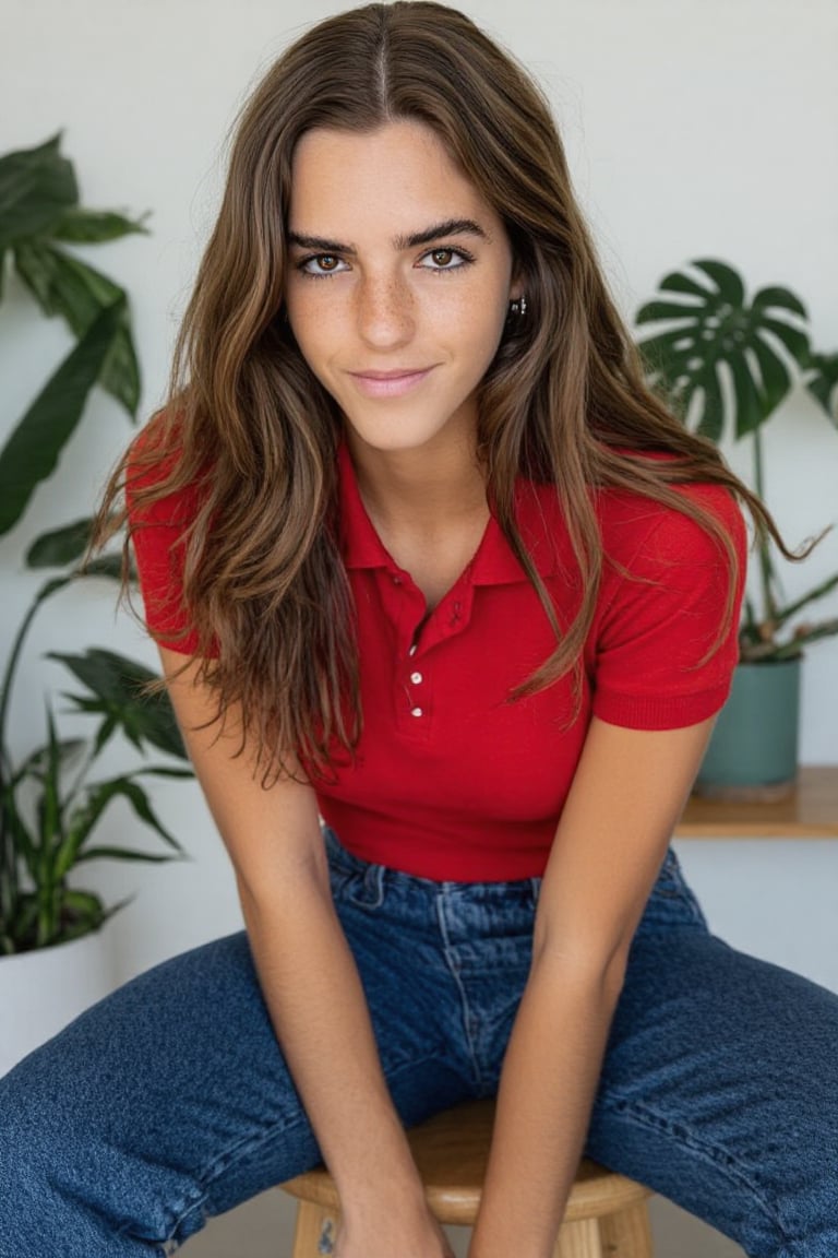 Create a realistic photograph of a beautiful young woman in a red polo and denim jeans as she sits upon a stool. Her lovel...