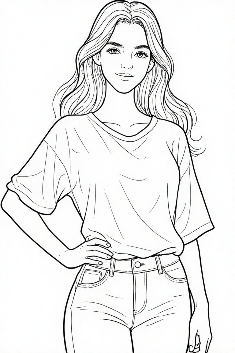 The image depicts a clean,  coloring book–style line illustration of a young woman with long,  flowing hair. She is wearin...