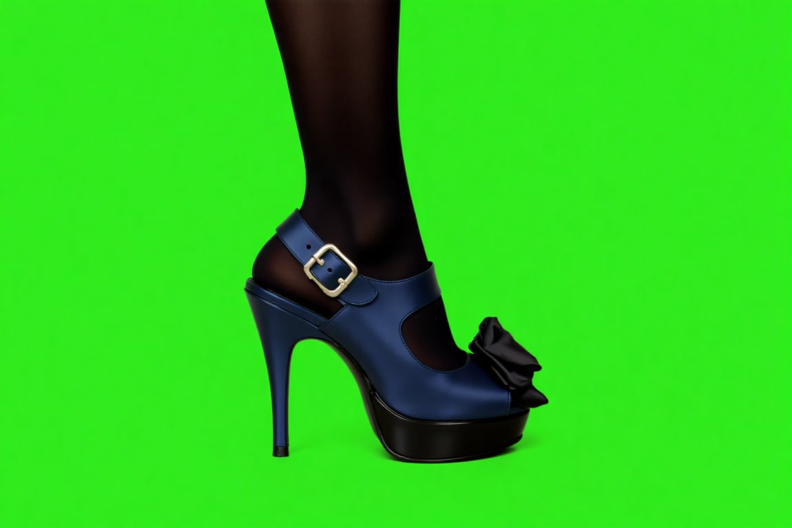 A photograph of a woman's foot in a blue satin high-heeled shoe with a black satin bow and buckle,  set against a bright g...