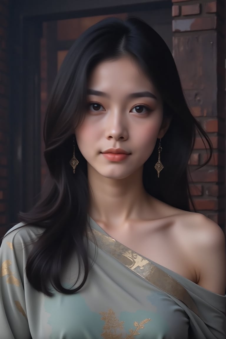 Close-up portrait of an ancient oriental beauty,  her face partially obscured by flowing mid-length hair. The flowing blac...