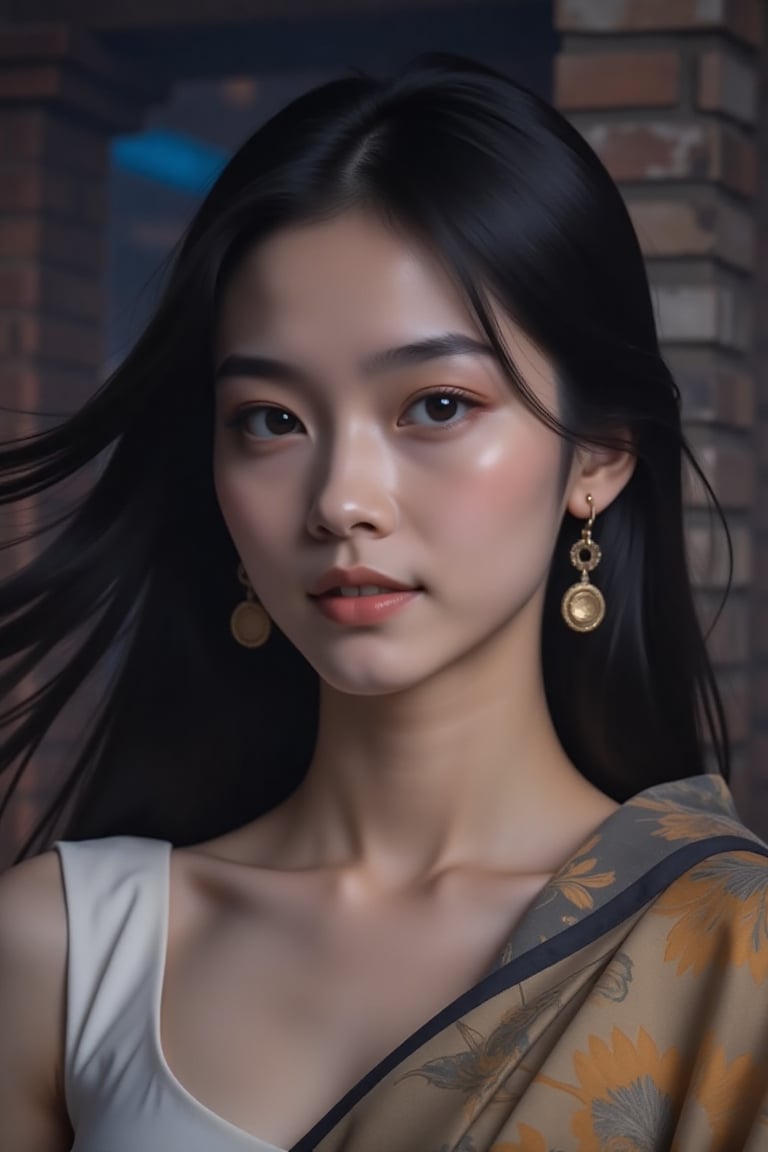 Close-up portrait of an ancient oriental beauty,  her face partially obscured by flowing mid-length hair. The flowing blac...