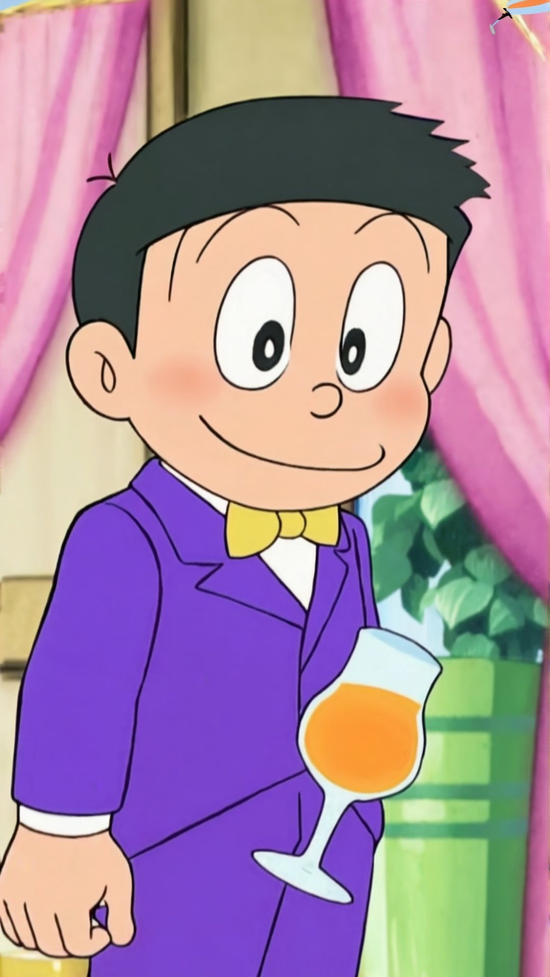 This is Suneo from Doraemon. He is male,  about 10 years old. Wearing a purple formal dress and a yellow bow tie,  he is i...