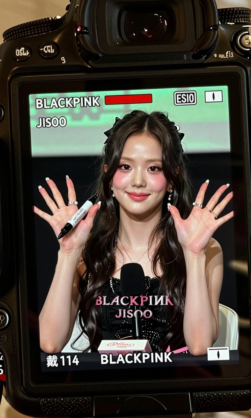 Transforms the beautiful Korean woman "BLACKPINK Jisoo" into an image captured through a professional camera viewfinder,...