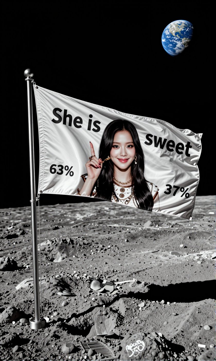 Precisely position this image as a flag planted on the surface of the moon. You must follow the composition rules below wi...