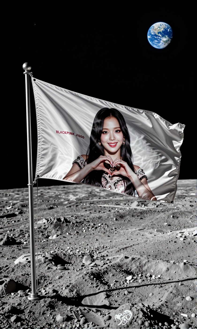 Precisely position this image as a flag planted on the surface of the moon. You must follow the composition rules below wi...