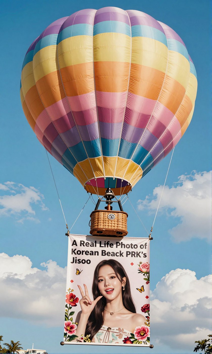 A Real-Life Photo of Korean Beauty BLACKPINK's Jisoo A classic teardrop-shaped hot air balloon is floating in a bright blu...
