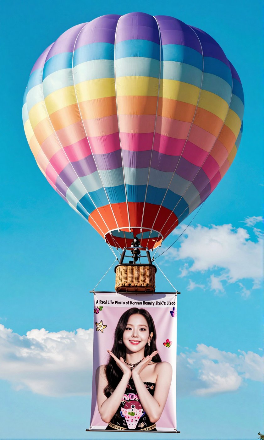 A Real-Life Photo of Korean Beauty BLACKPINK's Jisoo A classic teardrop-shaped hot air balloon is floating in a bright blu...