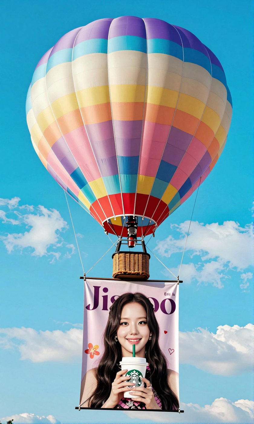 A Real-Life Photo of Korean Beauty BLACKPINK's Jisoo A classic teardrop-shaped hot air balloon is floating in a bright blu...