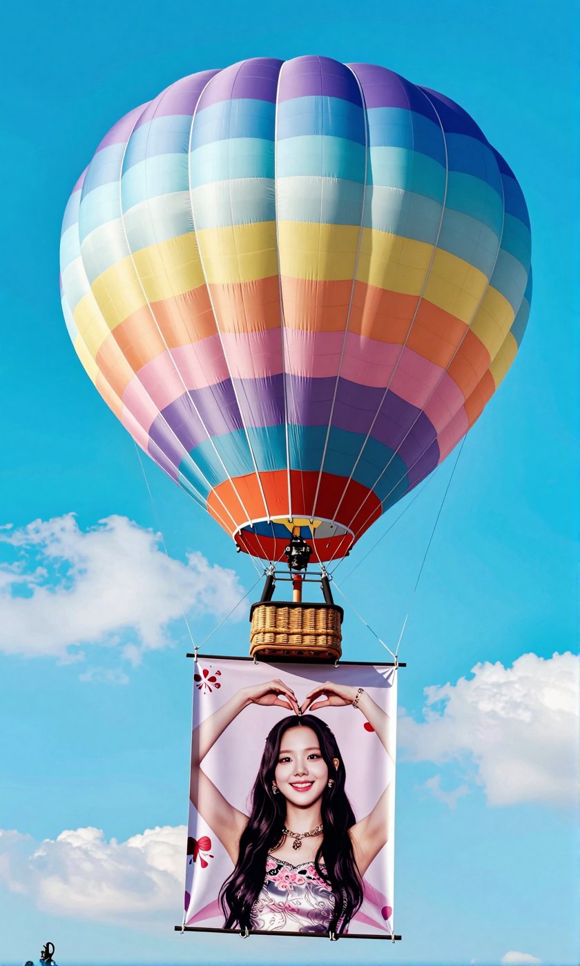 A Real-Life Photo of Korean Beauty BLACKPINK's Jisoo A classic teardrop-shaped hot air balloon is floating in a bright blu...