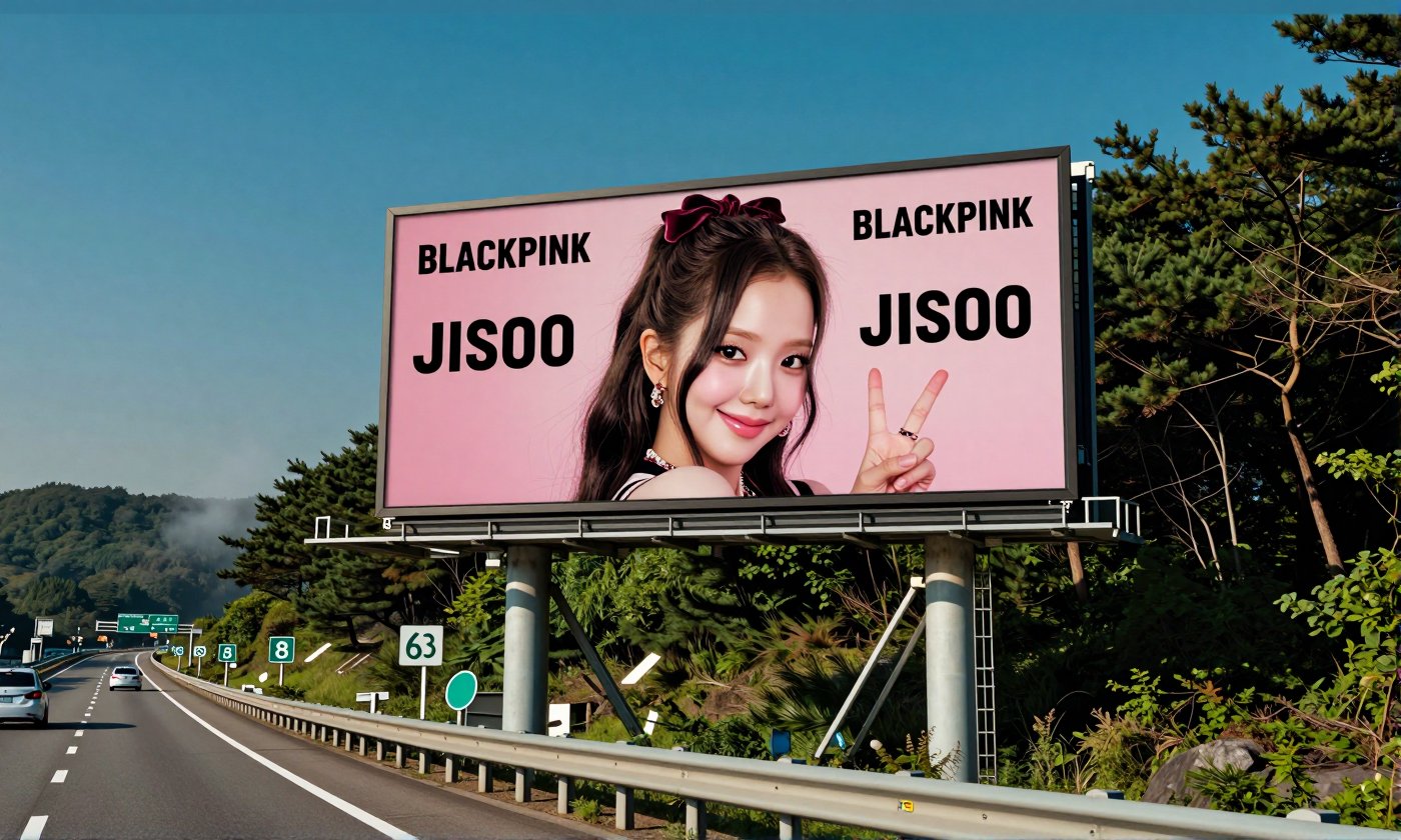 Real-life photo of Korean beauty Blackpink Jisoo Please place the provided advertising image on a large Korean highway ele...