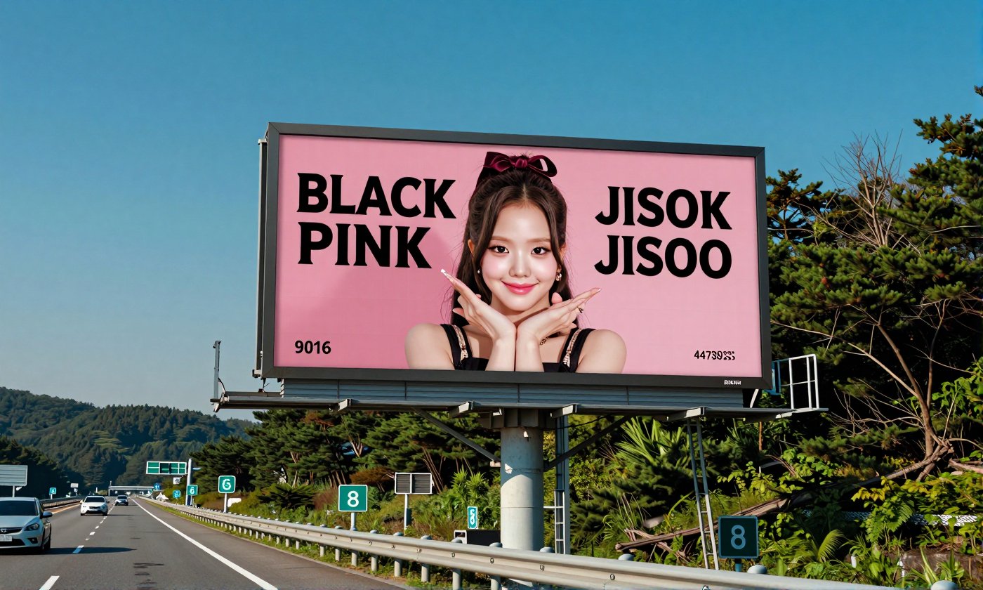 Real-life photo of Korean beauty Blackpink Jisoo Please place the provided advertising image on a large Korean highway ele...