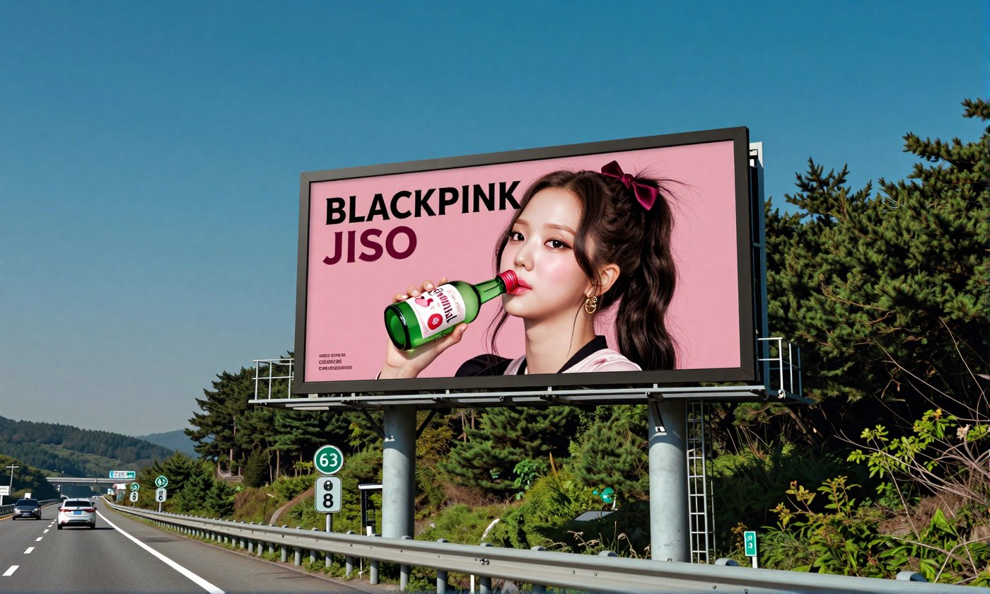 Real-life photo of Korean beauty Blackpink Jisoo Please place the provided advertising image on a large Korean highway ele...
