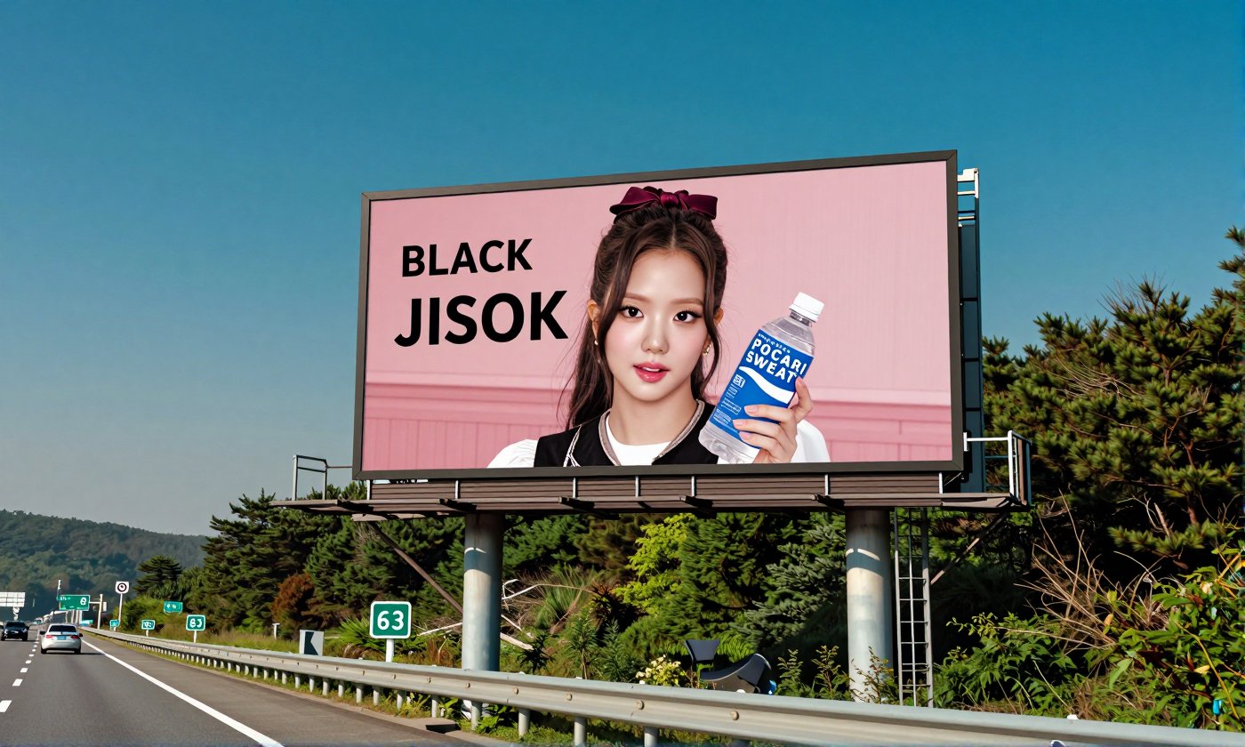 Real-life photo of Korean beauty Blackpink Jisoo Please place the provided advertising image on a large Korean highway ele...