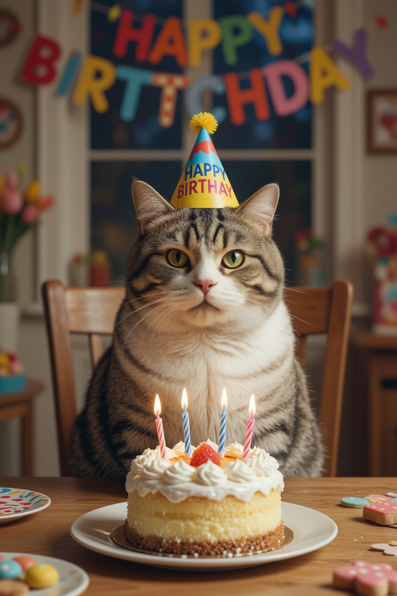 一只胖嘟嘟的猫猫坐在带着生日帽子,  坐在餐桌前,  它面前放着一个插着四根蜡烛的蛋糕。室内环境 by RAY3780 on Tensor.Art