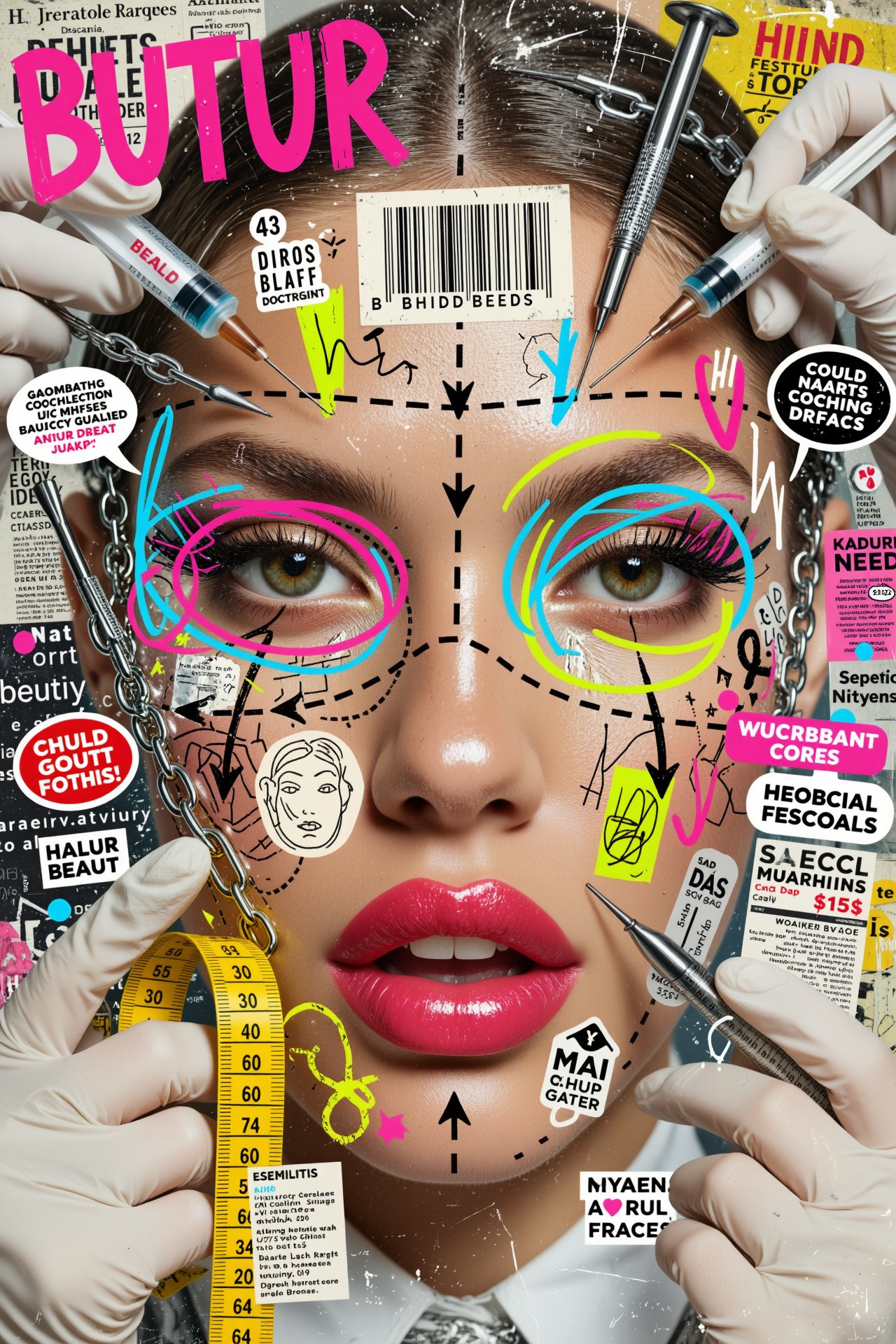 chaotic mixed-media beauty-culture collage built around a close-up photographic female face,  glossy skin,  intense eyes b...