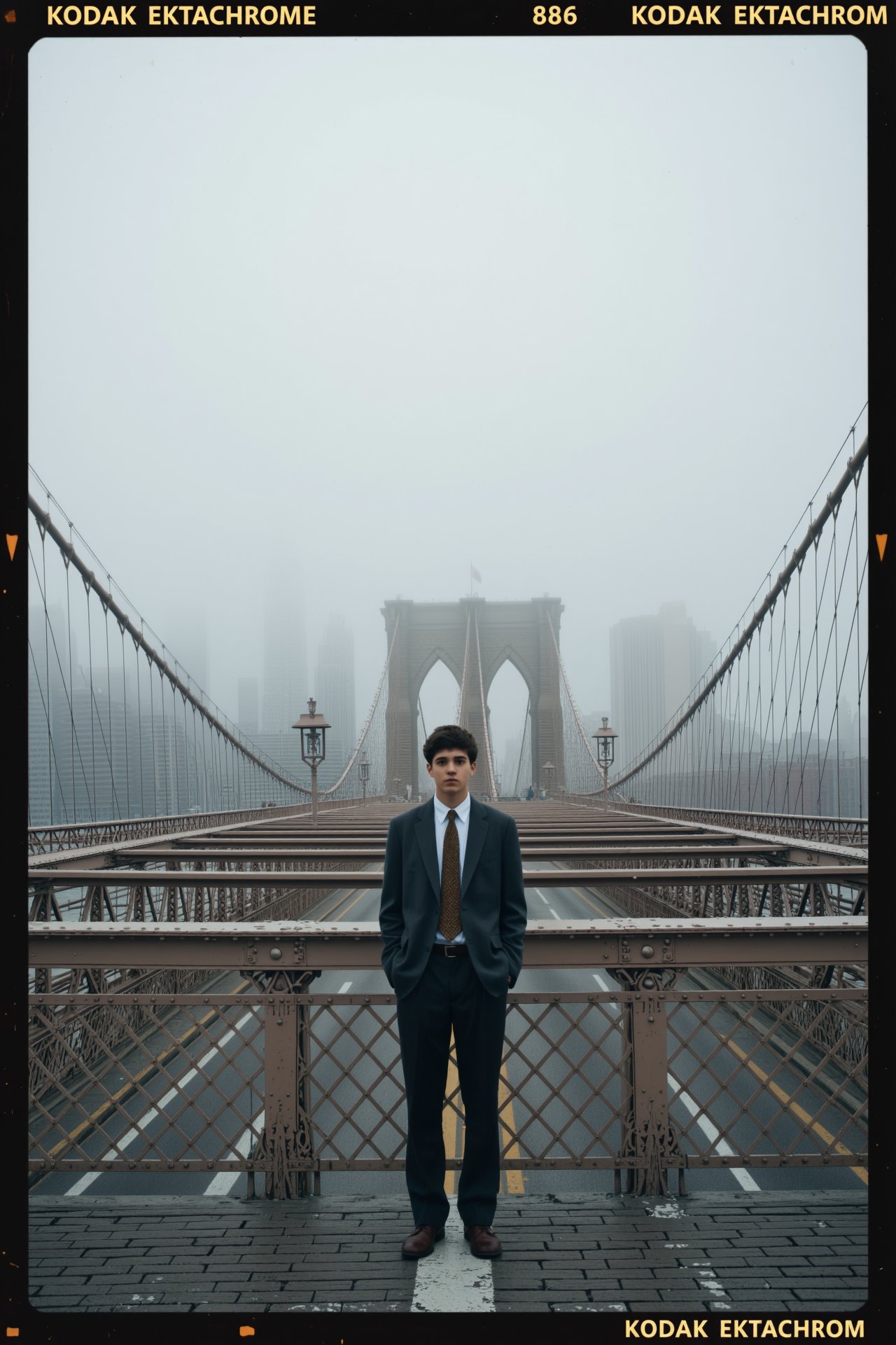 young office worker standing silently at the edge of the Brooklyn Bridge during foggy early morning,  city disappearing in...