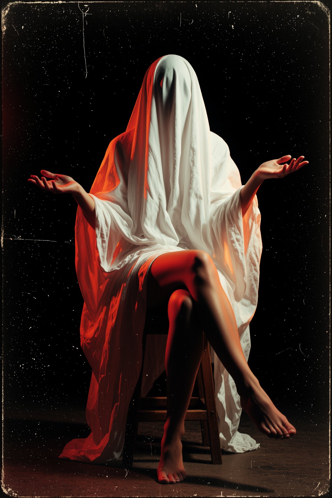 degraded film texture with fine scratch overlay,  photograph of a mysterious anonymous feminine figure seated on a dark wo...