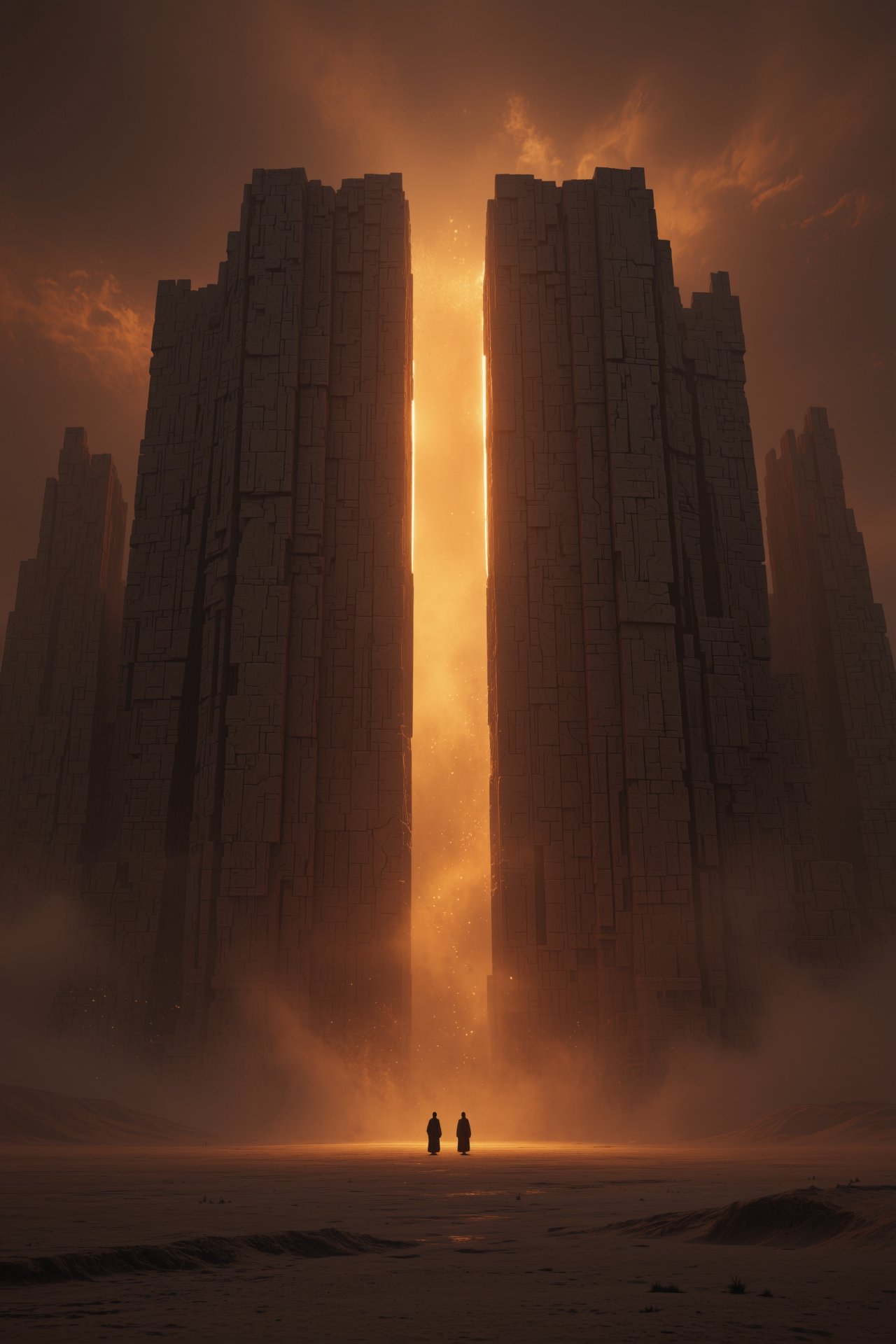Two tiny robed figures standing on a vast empty plain at dusk,  dwarfed by a colossal monolithic stone wall filling the en...