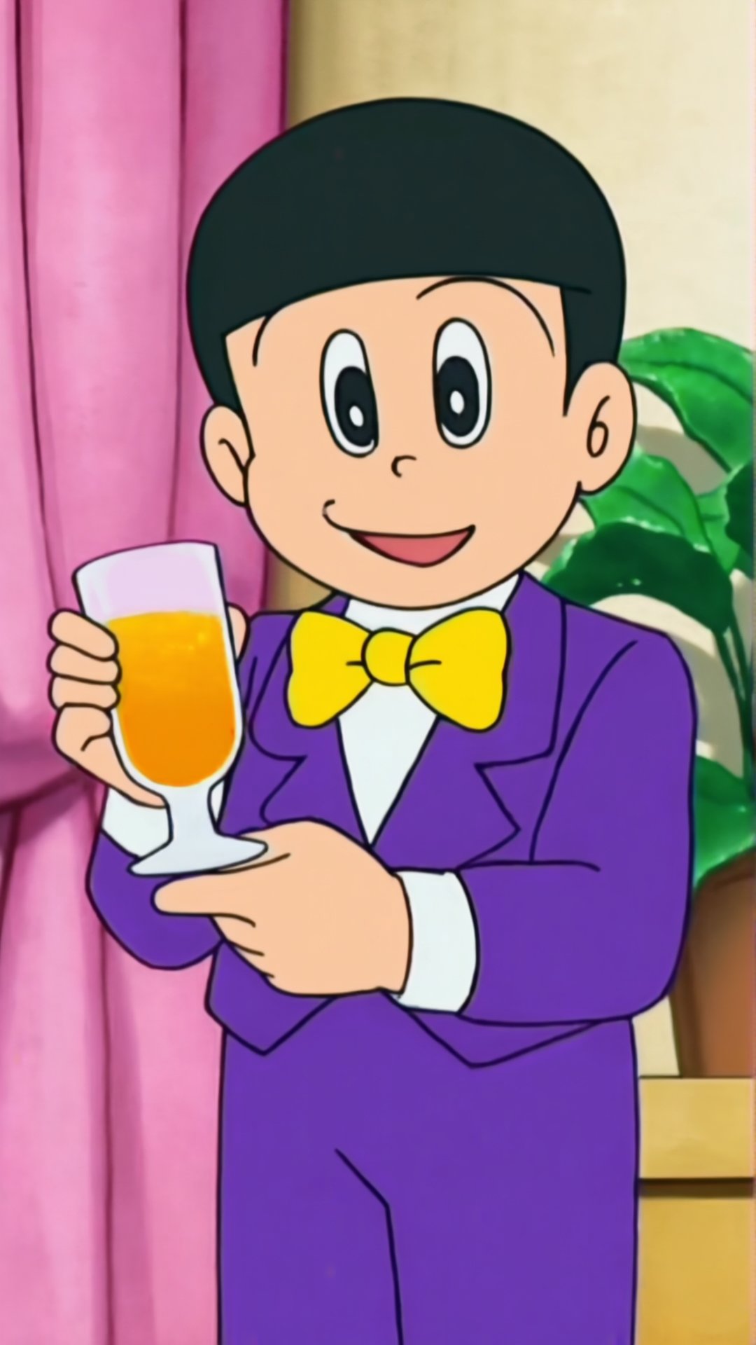 This is Suneo from Doraemon. He is male,  about 10 years old. Wearing a purple formal dress and a yellow bow tie,  he is i...