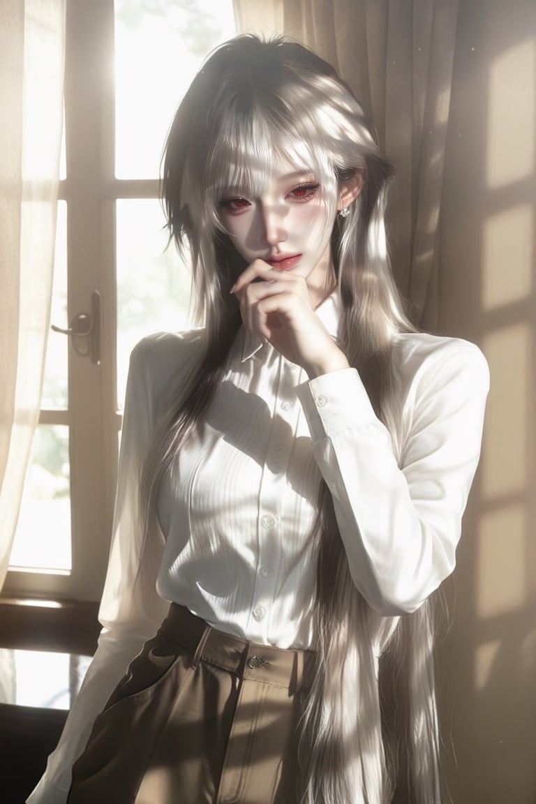 1 girl,  woman,  solo. pixie mullet ( white hair ) Red eyes. ( Large irises ) Blazer Wide-leg pants Sharp by Ốc on Tensor.Art