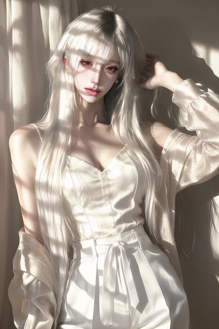 1 girl,  woman,  solo. pixie mullet ( white hair ) Red eyes. ( Large irises ) Blazer Wide-leg pants Sharp by Ốc on Tensor.Art