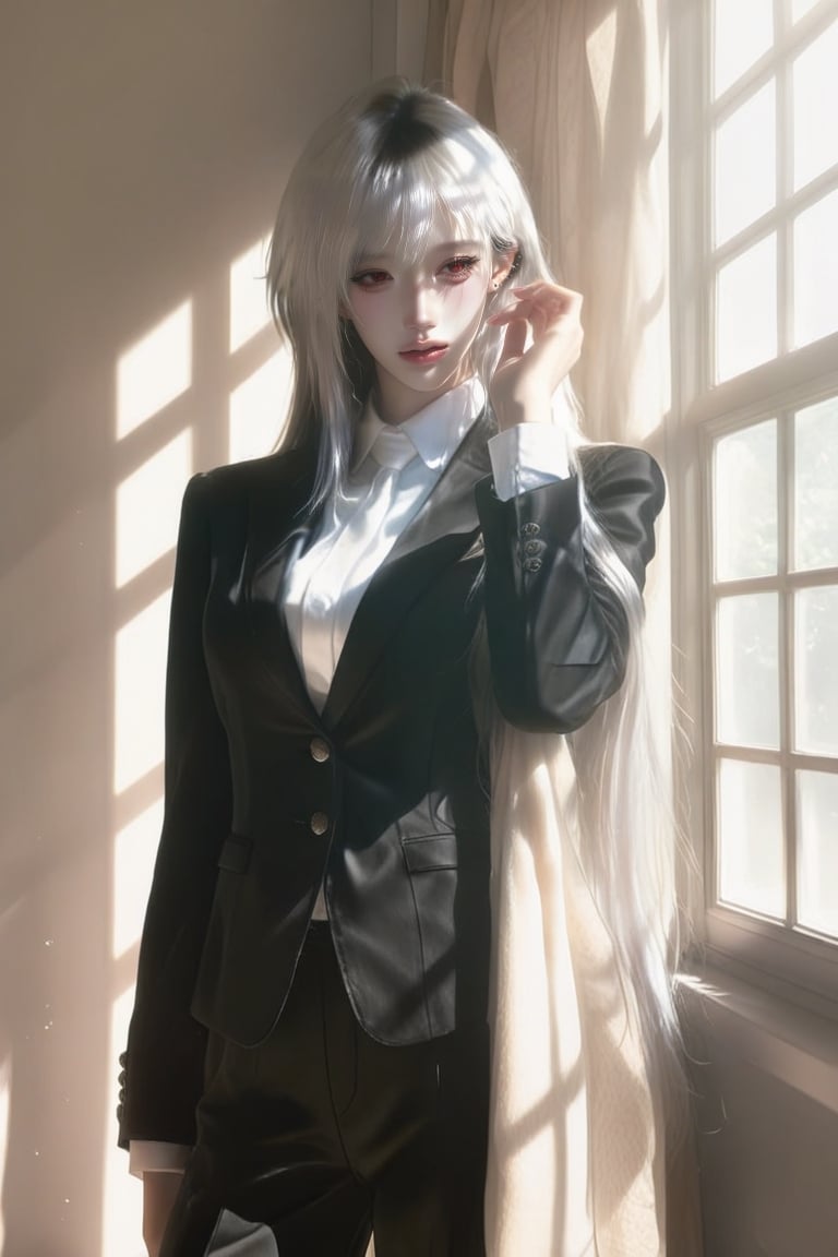 1 girl,  woman,  solo. pixie mullet ( white hair ) Red eyes. ( Large irises ) Blazer Wide-leg pants Sharp by Ốc on Tensor.Art