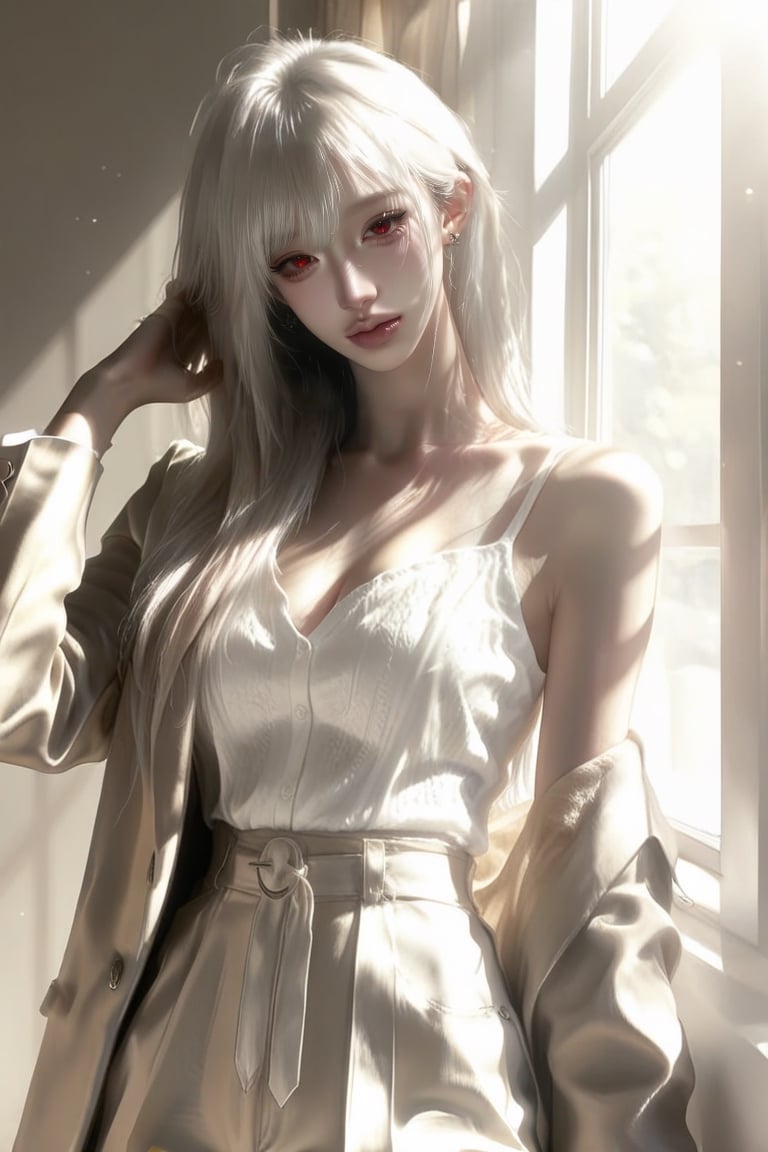 1 girl,  woman,  solo. pixie mullet ( white hair ) Red eyes. ( Large irises ) Blazer Wide-leg pants Sharp by Ốc on Tensor.Art